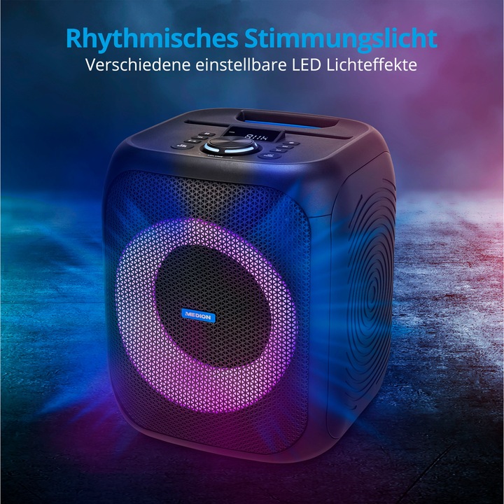 Produktbild Medion LIFE® S61991 Partylautsprecher, tragbares Bluetooth®-Soundsystem. Bluetooth® 5.0 für kabellose Musik (3 h, Akkubetrieb, Netzbetrieb)