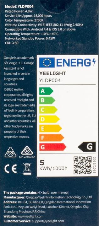 Energy Label Yeelight Smart Bulb (GU10, 4.80 W, 350 lm, 4 x, G)