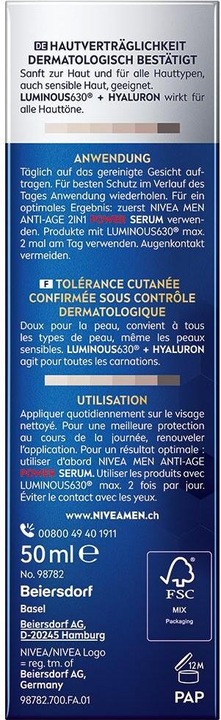 Nährwerte und Zutaten NIVEA Men Anti-Age Power (50 ml, 24h Creme, SPF 30)
