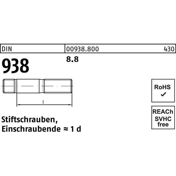 Schrauben, Stiftschraube DIN 938 M 24 x 75 8.8 (10 Schrauben pro Stück)
