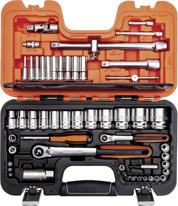 Produktbild Bahco 1/4"- und 1/2"-Steckschlüssel-Satz, metrisch, Doppelsechskant, inklusive Umschaltknarre mit schla (1/2", 1/4")