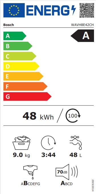 Etichetta energetica Bosch Hausgeräte WAVH8E42CH (9 kg, A sinistra)