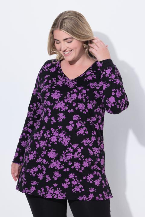 Immagine prodotto Ulla Popken Maglia dal taglio lungo e svasato con fiori, scollo a V e maniche lunghe (46, 48)