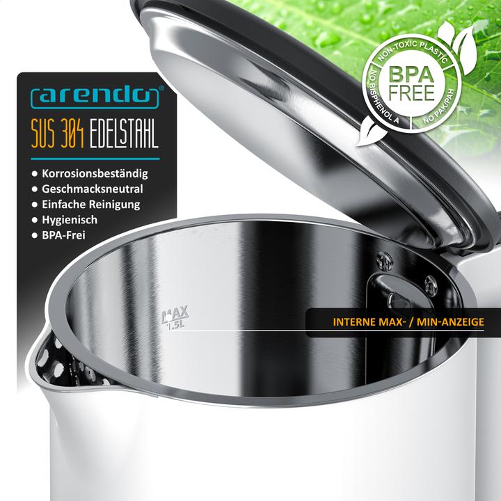 Produktbild Arendo Wasserkocher 1,5 L, Edelstahl, Doppelwand-Design, 360° Controller, weiss matt, 2000 W, Teekocher (1.50 l)