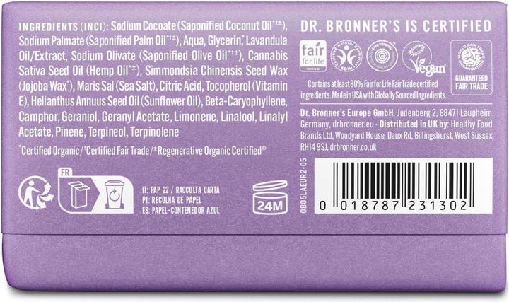 Produktbild Dr. Bronner's Dr Bronner's Lavender Pure-Castile Bar Soap Made with Organic Oils For Face Body & Hair Fair Trade C (Hartseife, 140 g)