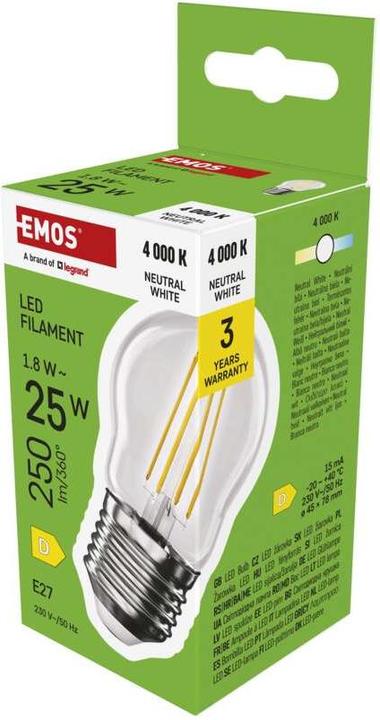 Immagine prodotto Emos Lampada LED Filament Mini Globe / E27 / 1,8 W (25 W) / 250 lm / Bianco neutro (E27, 250 lm, 1 x)