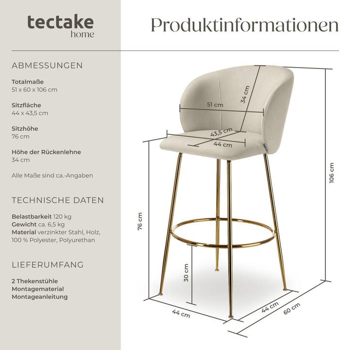 Actual product image tectake Bar stool Luana, with backrest, velvet look