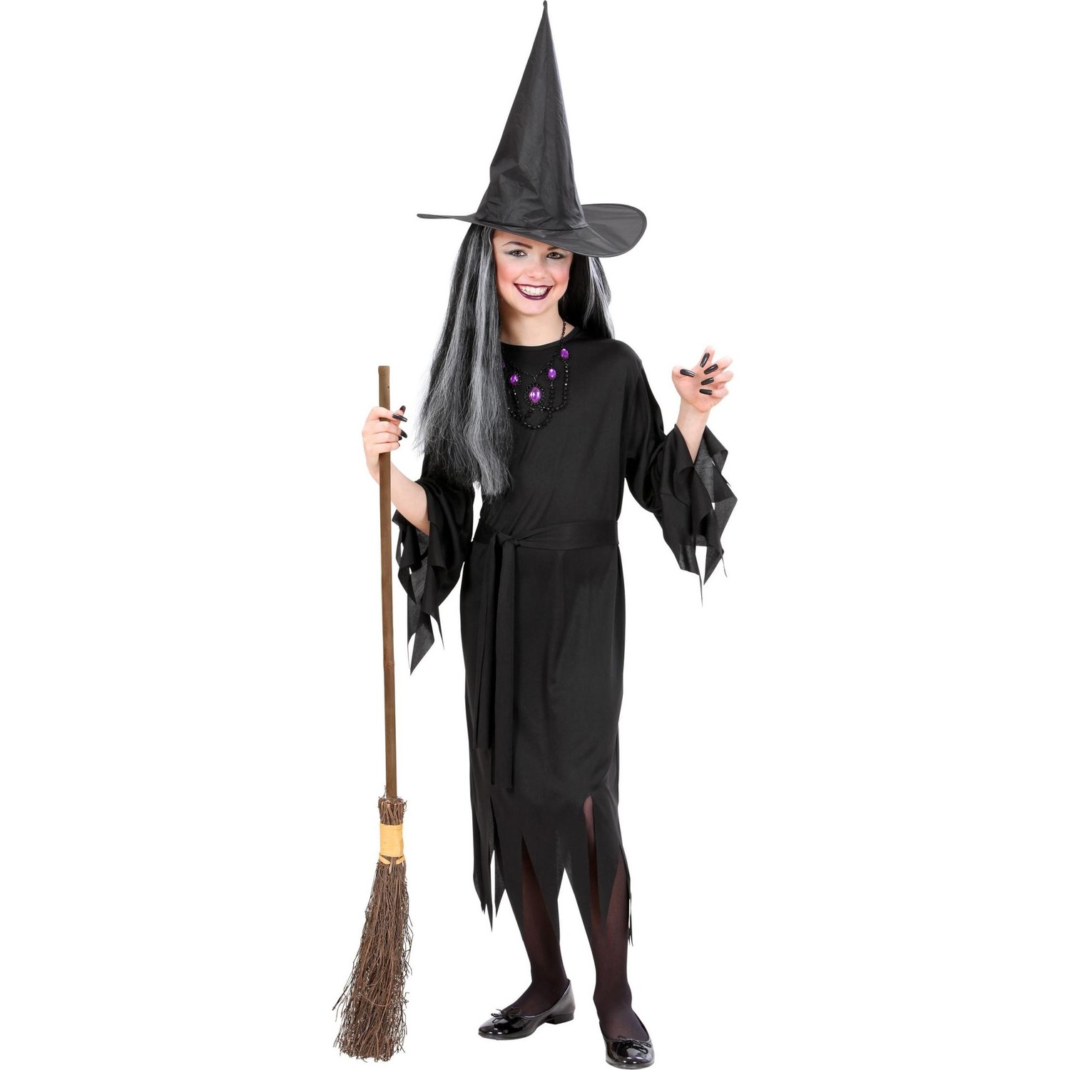 Widmann Hexenkostüm Kinder Fetzen Schwarz Halloween (164)
