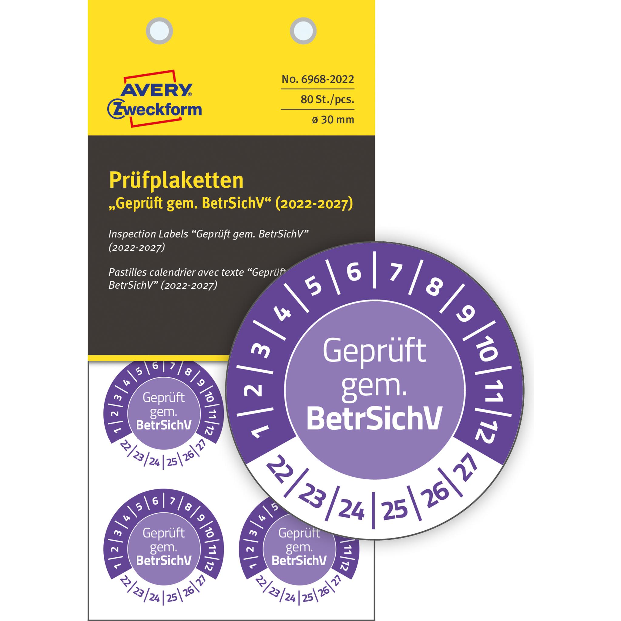 Avery Dennison, Sticker, Zweckform Prüfplaketten "Geprüft gem" 2022-27, violett Durchmesser: 30 mm, aus Vinyl, besonders...
