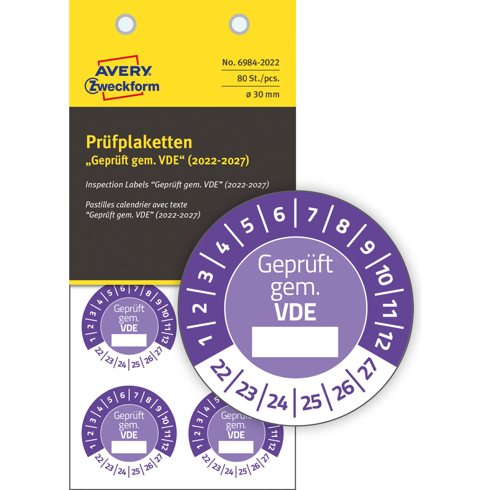 Avery Dennison, Sticker, Zweckform Prüfplaketten "Geprüft gem. VDE", 2022-2027 violett, Durchmesser: 30 mm, aus Vinyl, b...