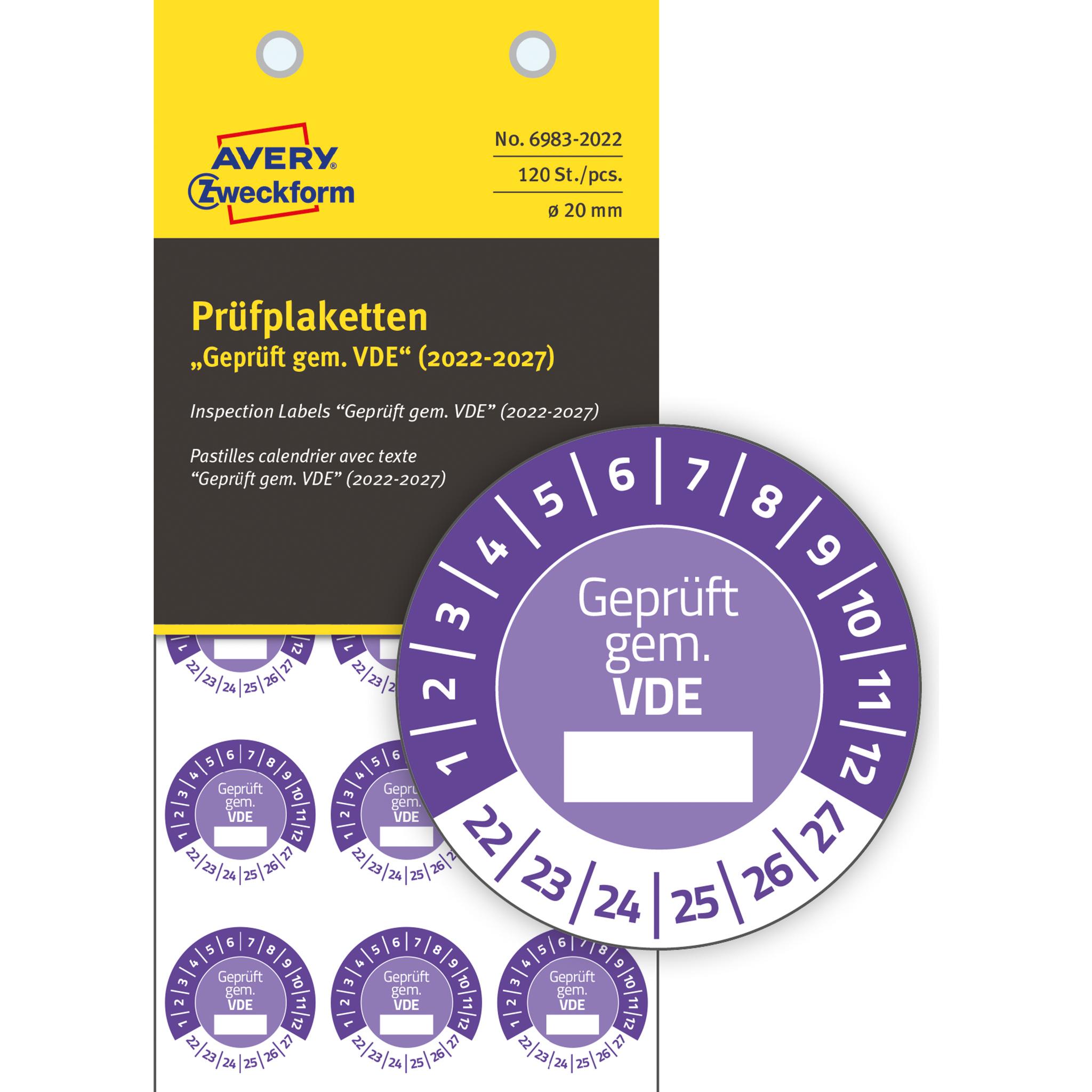 Thumbnail - Avery Dennison, Sticker, Zweckform Prüfplaketten "Geprüft gem. VDE", 2022-2027 violett, Durchmesser: 20 mm, aus Vinyl, b...