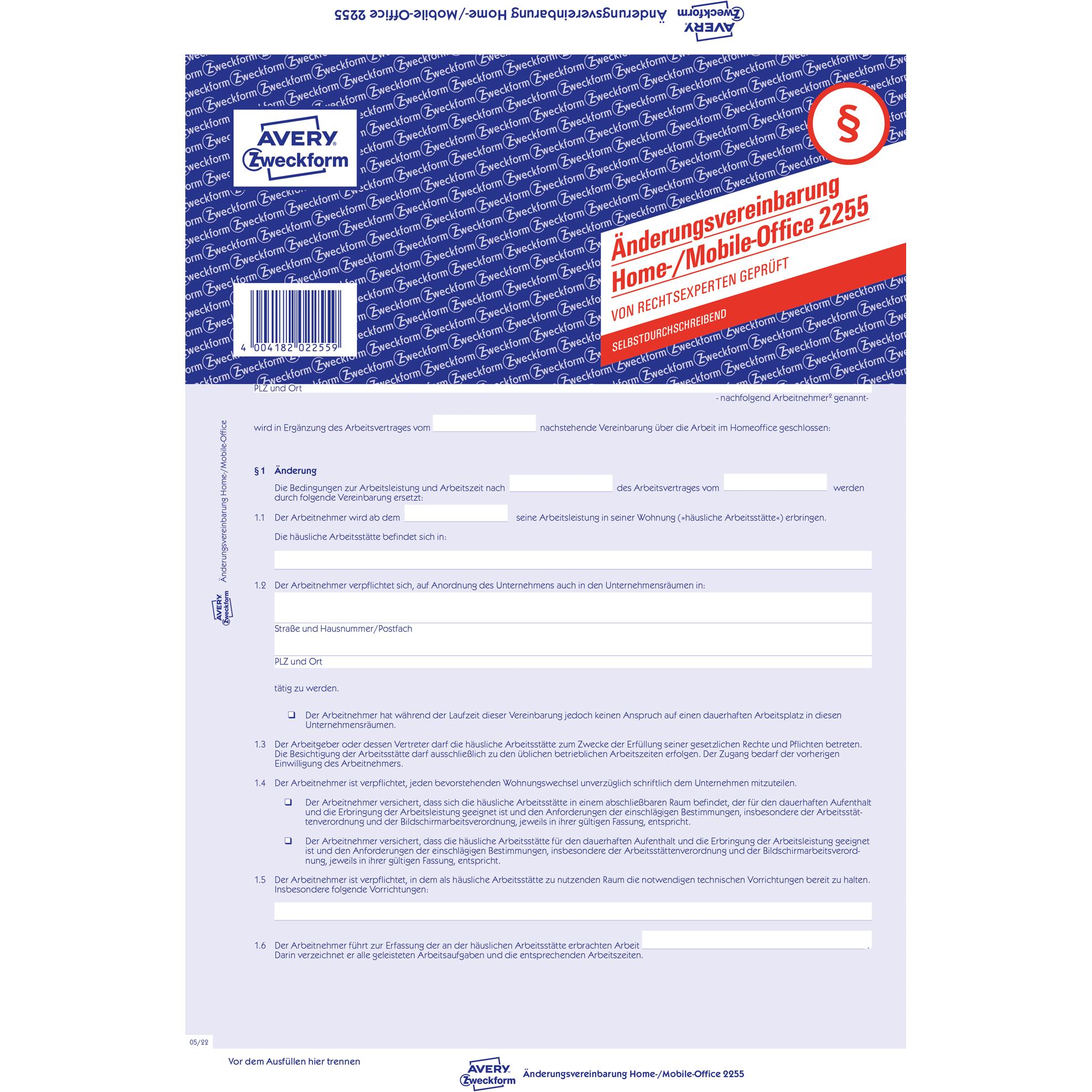 Avery Änderungsvereinbarung Home-/Mobile-Office (2255)