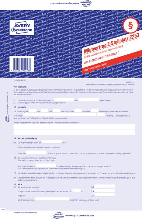 Produktbild Avery Mietvertrag für Kfz Einstellplatz mit elektronischer Ladevorrichtung (4 x)