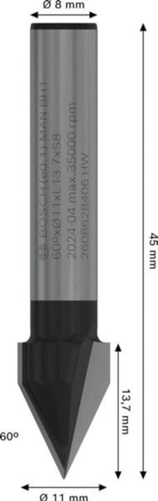 Produktbild Bosch Professional Zubehör V-Nutfräser, 8 mm, D1 11 mm, L 14 mm, G 45 mm, 60°