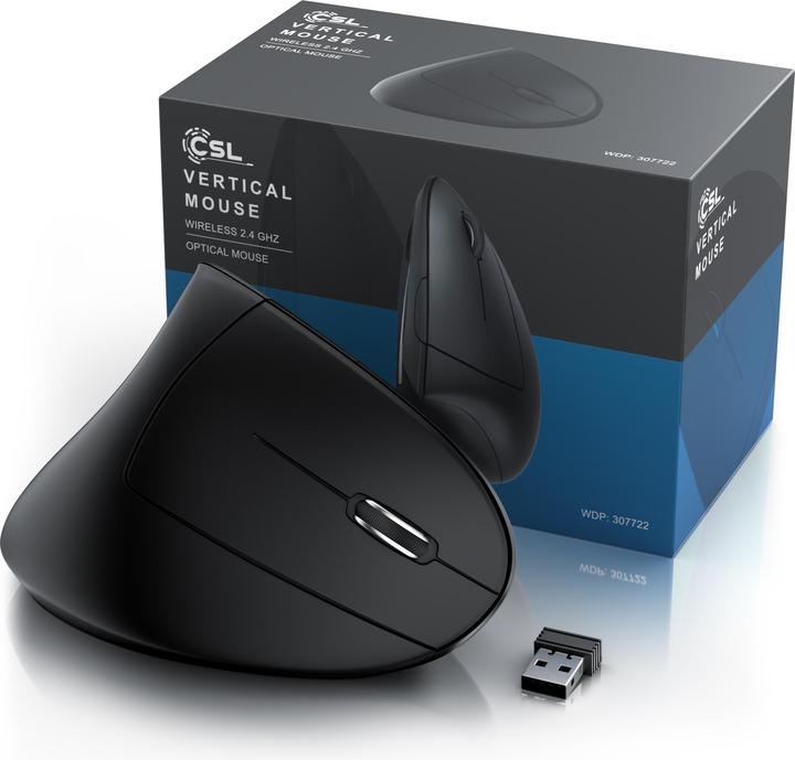 Immagine prodotto CSL Ergonomische Maus Vertikalmaus, 6 Tasten, 800-1600 DPI, Wireless 2,4 Ghz mit USB Dongle, schwarz (Senza fili)