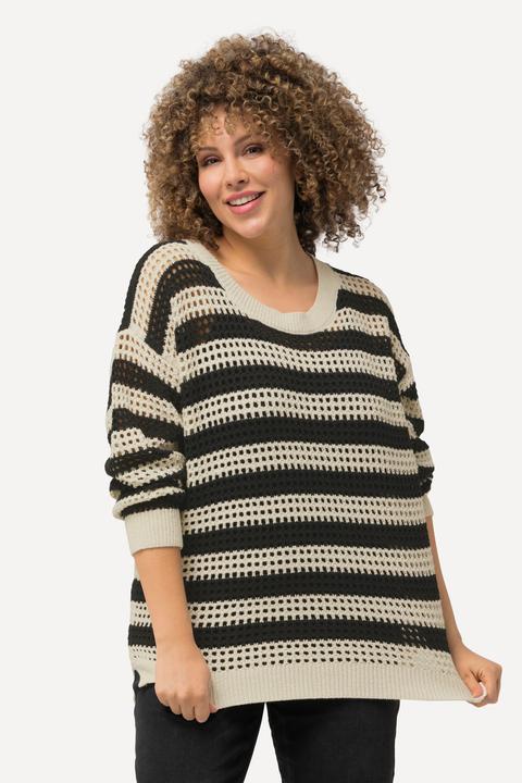 Produktbild Ulla Popken Häkelpullover, Streifen, Oversized, Rundhals, Langarm (46, 48)