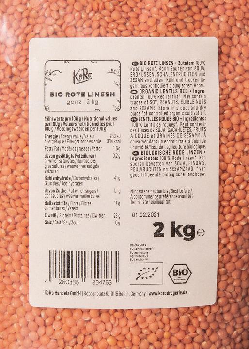 Nährwerte und Zutaten KoRo Bio rote Linsen (2000 g)