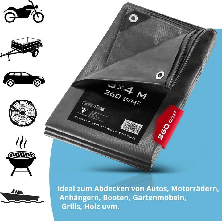 Produktbild Stahlwerk Abdeckplane mit Ösen 3 x 4 m 260 g/mÂ² wasserdichte Schutzplane (300 x 400 cm)