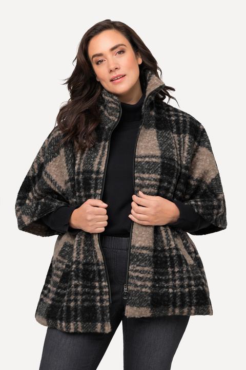 Immagine prodotto Ulla Popken Poncho a quadri in tessuto bouclé con collo alto e cerniera a doppio cursore (50, 52, 54, 56)