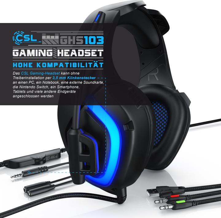 Produktbild CSL Gaming Headset mit Mikrofon, Kopfhörer für Windows/Mac/Linux /PS4/PS4 Pro (Kabelgebunden)