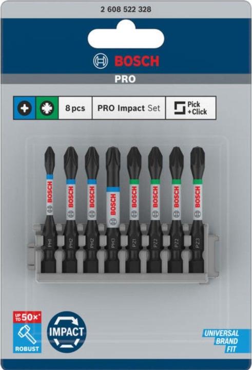 Produktbild Bosch Professional Zubehör PRO Impact gemischtes Set, PH1, PH2(x2), PH3, PZ1, PZ2(x2), PZ3, 55 mm, 8-tlg. (Innensechskant, Kreuz Pozidriv PZ)