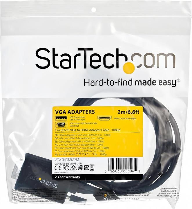 Immagine prodotto StarTech .com 2 m (6.6 ft.) cavo adattatore da VGA a HDMI con USB Audio (2 m, USB, VGA, HDMI, 1.4)