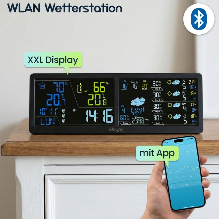 Ideoon WLAN Wetterstation mit App & XXL Display: Tuya Smart Home, Aussen-Sensor, Weck-Alarm