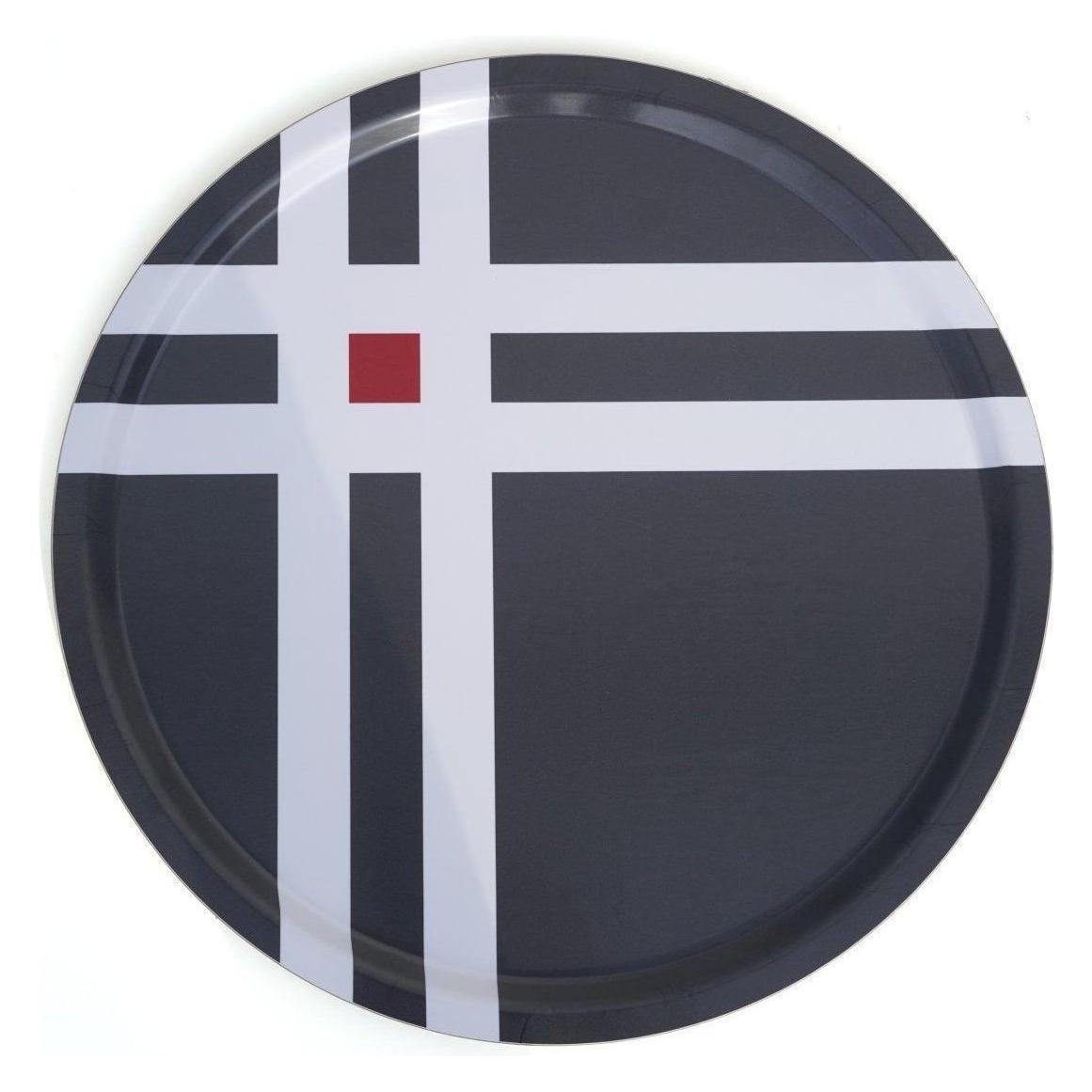 Born in Sweden, Vassoio, Rundes Tablett mit skandinavischem Muster, 46 cm, Birkenfurnier, Grau