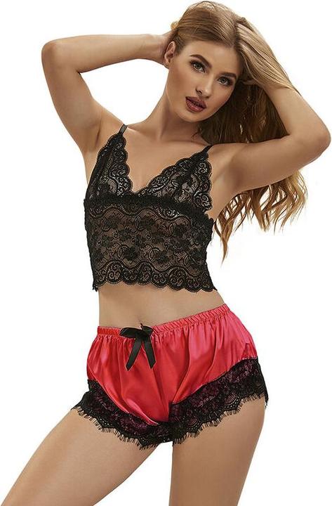 Image du produit Subblime 953966 CHEMISE DE NUIT EN SOIE DOUCE + PANTALON EN DENTELLE NOIR/ROUGE L/XL (S)