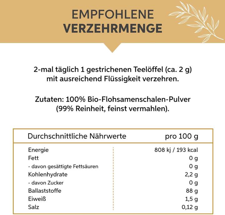 Nährwerte und Zutaten Eltabia Bio Flohsamenschalen (200 Stück, Pulver, 200 g)