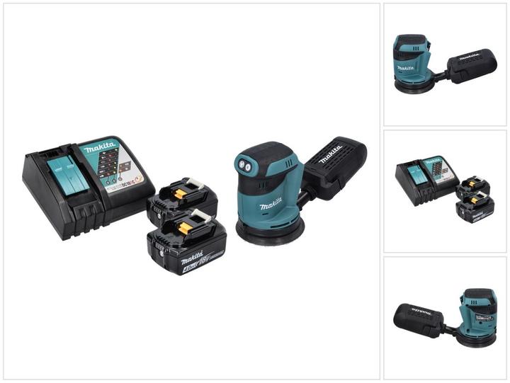 1x Makita DBO 180 Akku Exzenterschleifer, 1x Schleifpapier, 1x Staubsammelaufsatz, 2x Makita BL 1840 18 V 4,0 Ah Akku, 1x Makita DC 18 RC Ladegerät