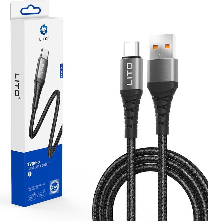 Actual product image Lito - Data Cable (LD08T) - USB-A to Type-C, Quick Charging, 2.4A, 1m - Black (1 m)