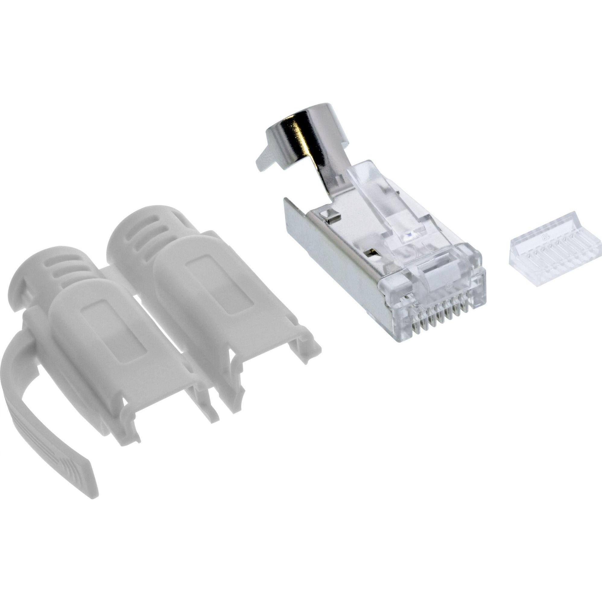 InLine 100er Pack  Crimpstecker Cat.6A RJ45 geschirmt, mit Knickschutz und Einfädelhilfe, grau (Netzwerkkabel Stecker), ...