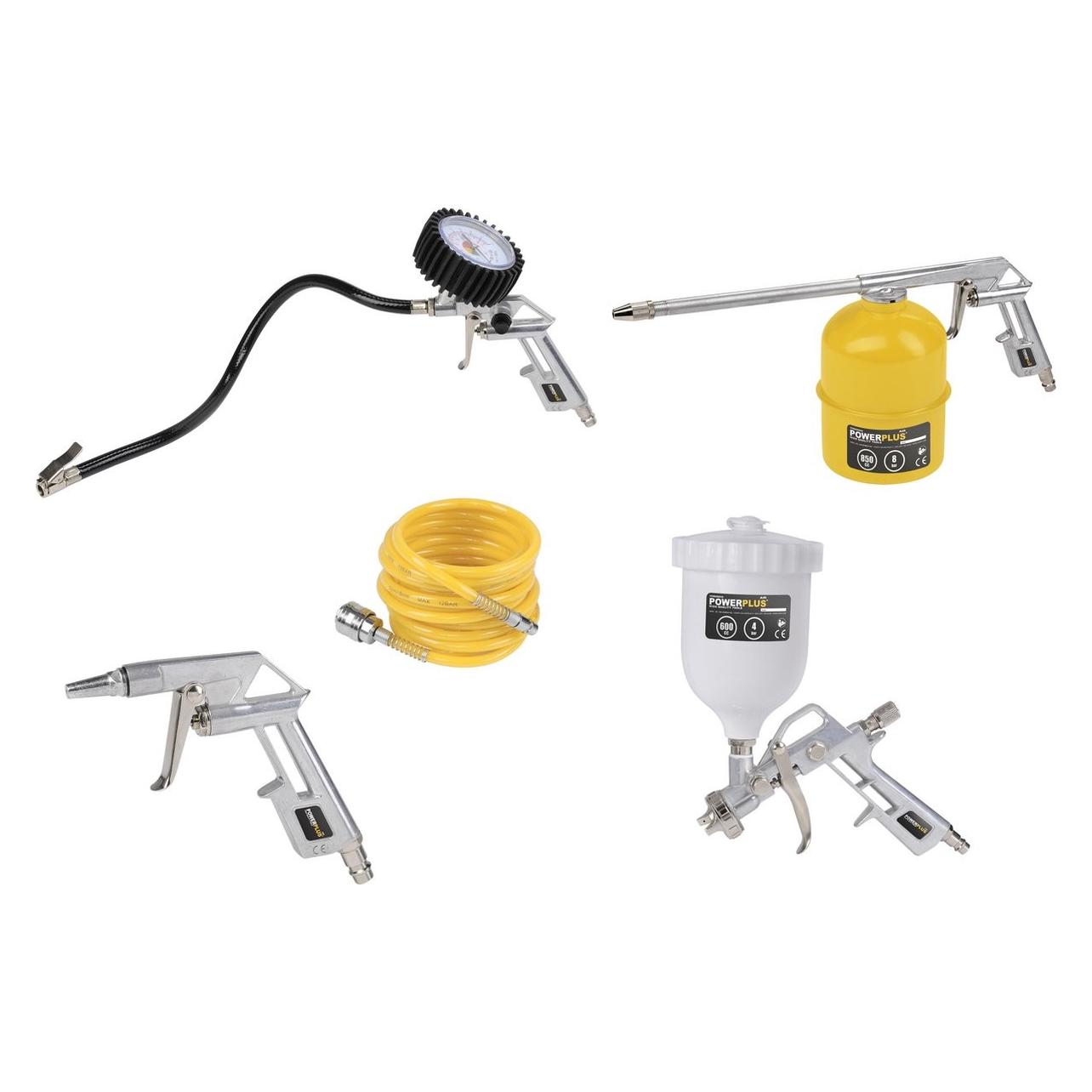 Powerplus, Persluchthulpstuk, POWAIR0020 Pneumatische Basisset - 5 Delig - Incl. Wespentool, Bandenvulpistool, Luchtpistool, Spira