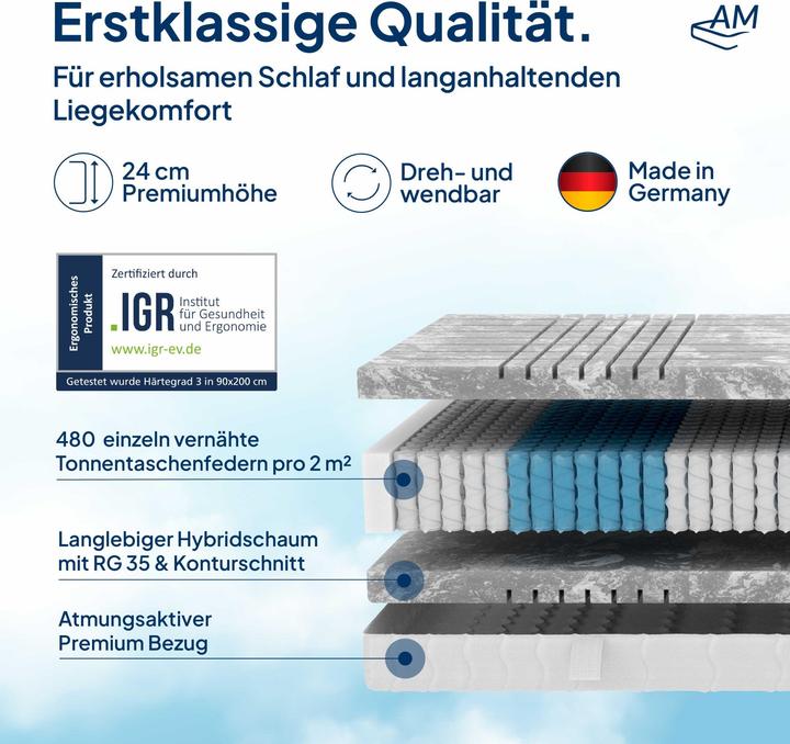 Immagine prodotto AM Qualitätsmatratzen 3D Deluxe 7-Zonen Taschenfederkernmatratze (160 x 200 cm, Nucleo della molla)