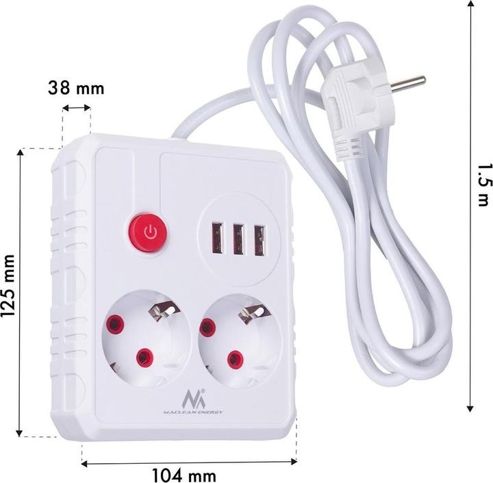 Actual product image Maclean Multiple socket outlet, extension cable, 2 sockets + 3 USB ports (5x, USB-A, 1.50 m)