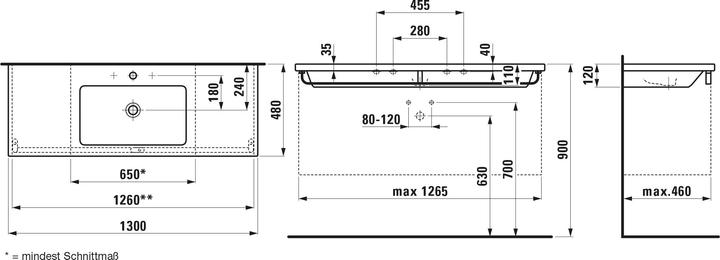 Produktbild Laufen Living Square Waschtisch, 1 Hahnloch, mit Überlauf, 1300x480, einseitig schneidbar bis 97,5c (1387 mm, 235 mm)