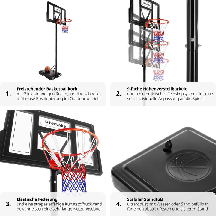 Image du produit tectake Panier de basket Dirk, hauteur de panier 234-302 cm, avec ballon et pompe