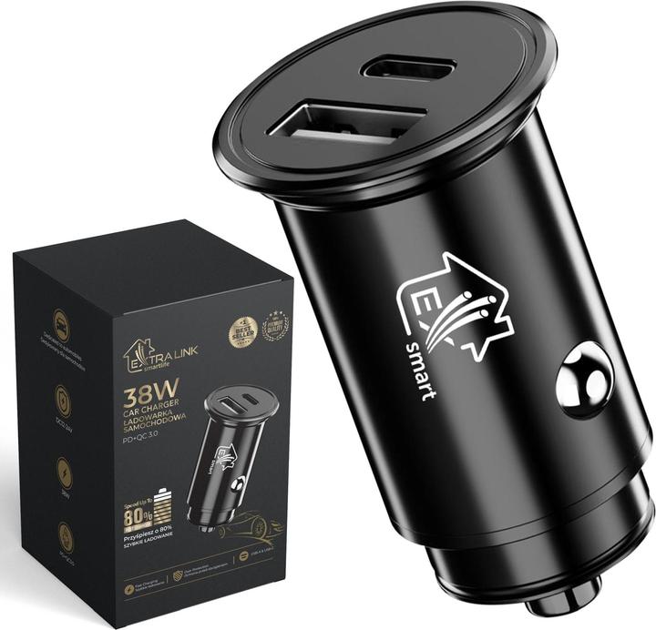Extralink Smart Life car charger | 38W, 1x USB-C, 1x USB-A | Black