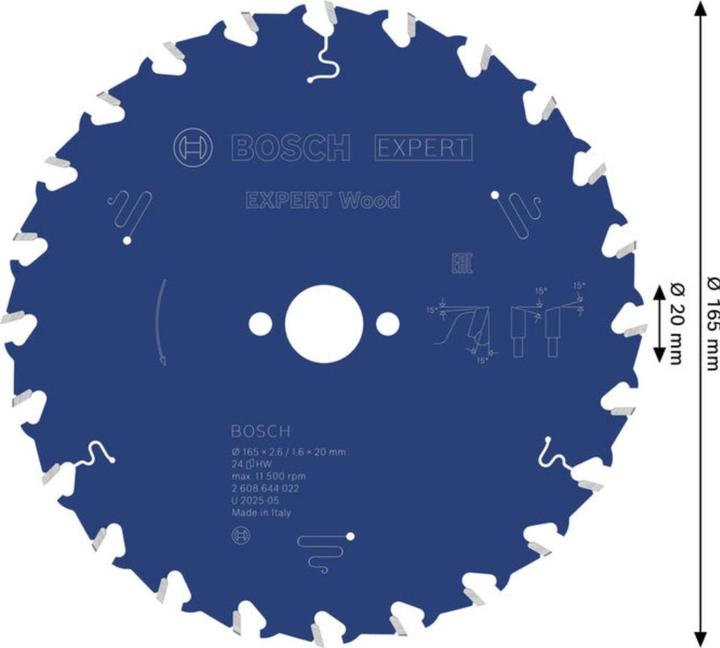 Produktbild Bosch Professional Zubehör Kreissägeblatt Expert for Wood, 165 x 20 x 2,6 mm, 24