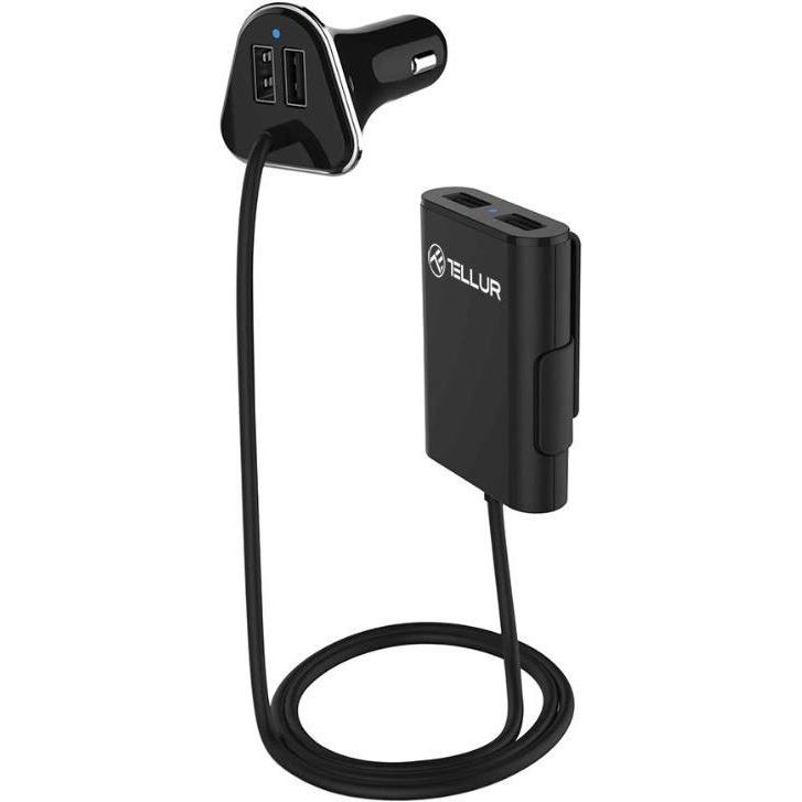 Tellur Car Charger with extension, 4*USB, 9.6A, 1.8m black, Auto Adapter, Schwarz