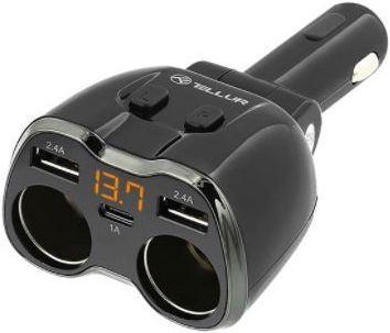 Produktbild Tellur 2 Sockets cigarette lighter splitter, 2xUSB, Type-C
