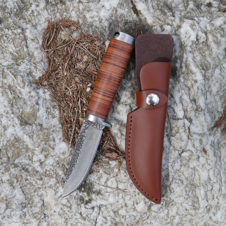Actual product image Herbertz Belt knife, Damascus, AISI 420 steel, stainless, handle with leather bolsters, lanyard loop, br (10.80 cm)
