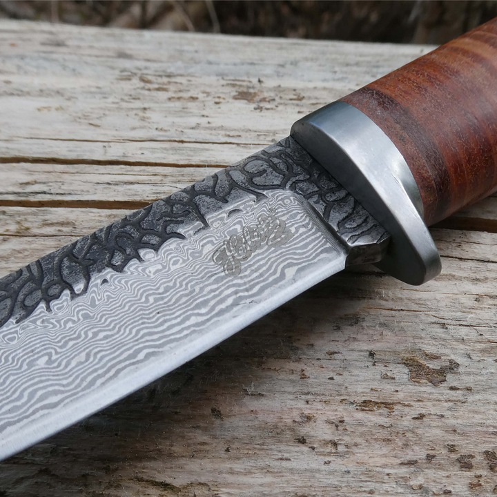 Actual product image Herbertz Belt knife, Damascus, AISI 420 steel, stainless, handle with leather bolsters, lanyard loop, br (10.80 cm)