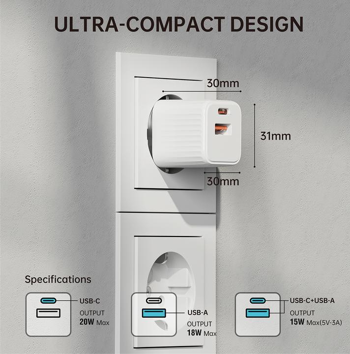 Image du produit 4smarts Chargeur secteur VoltPlug Duos Mini PD 20W et câble USB-C 1,5m blanc (20 W, 2 ports)