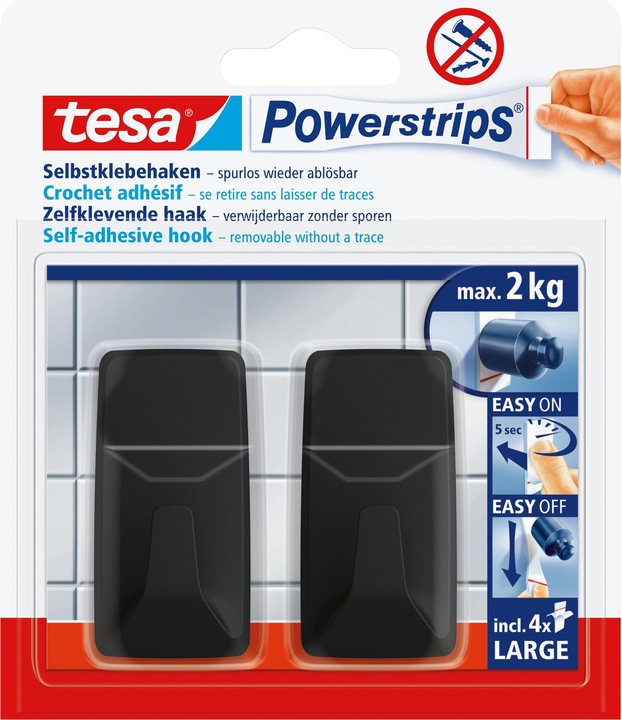 Produktbild tesa Powerstrips Klebehaken LARGE Eckig - 2 x selbstklebende Wandhaken
