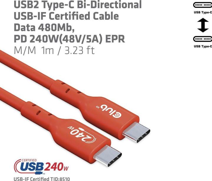 Image du produit Club 3D Club3D câble USB 2 type C PD 240W / 480Mb 1m p/p retail (1 m, USB 2.0, 240 W)