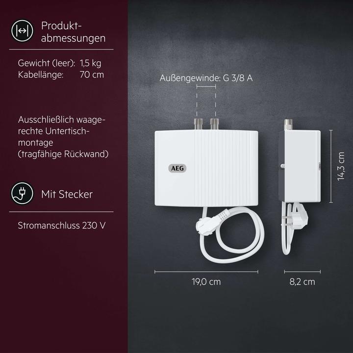 Produktbild AEG Haustechnik MTD 350 Klein-Durchlauferhitzer nur fürs Handwaschbecken Gäste-WC, 3,5 kW, mit Stecker, drucklos