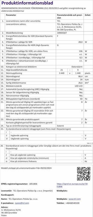 Immagine prodotto TCL 34R83Q (3440 x 1440 pixel, 34")