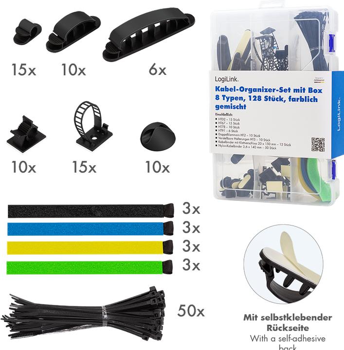 Image du produit LogiLink Kabel-Organisations-Set in einer Box, 8-Artikel, 128 Stk., gemischtfarbig